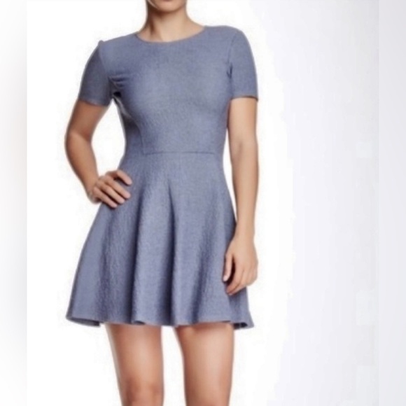 Theory Short Sleeve Albita Mini Skater Dress in Denim Multi Perry Texture - Picture 1 of 9